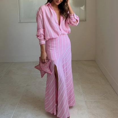 pink Striped Lapel Slit Long Skirt Set