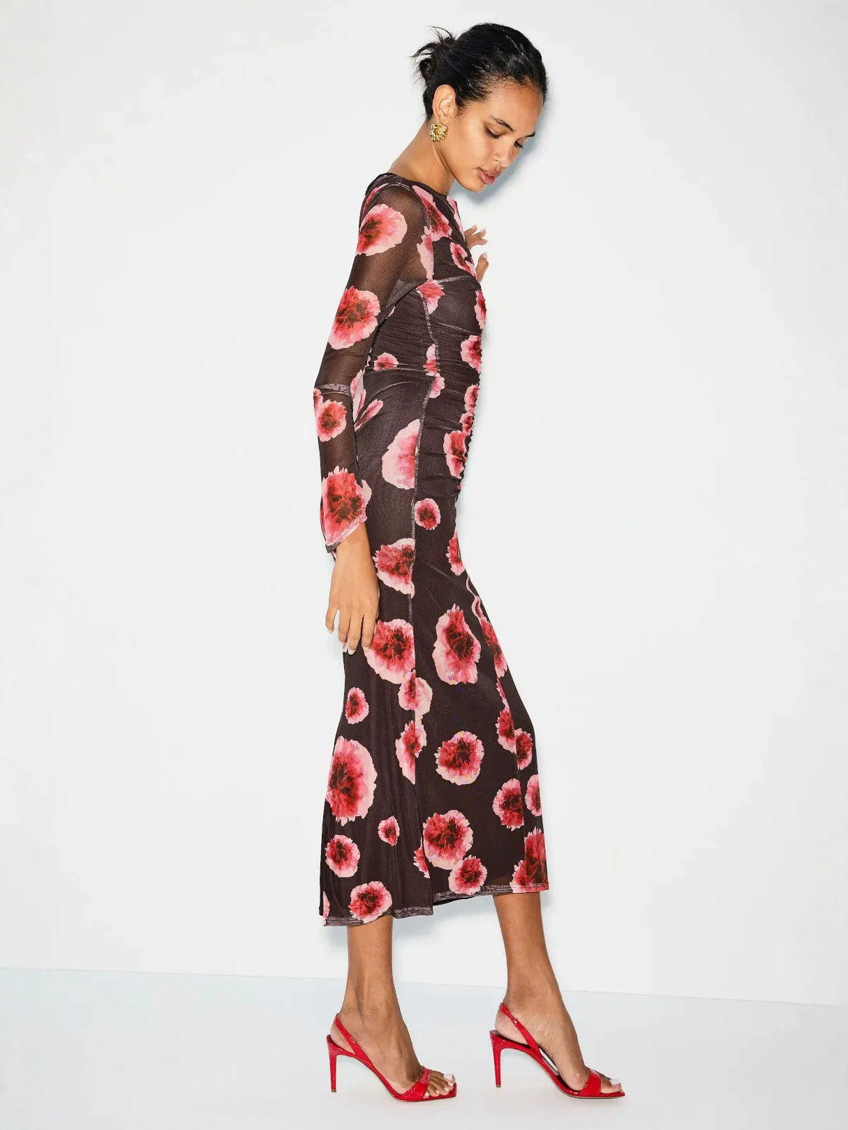 brown Printed mesh long-sleeve ruched slit midi dress