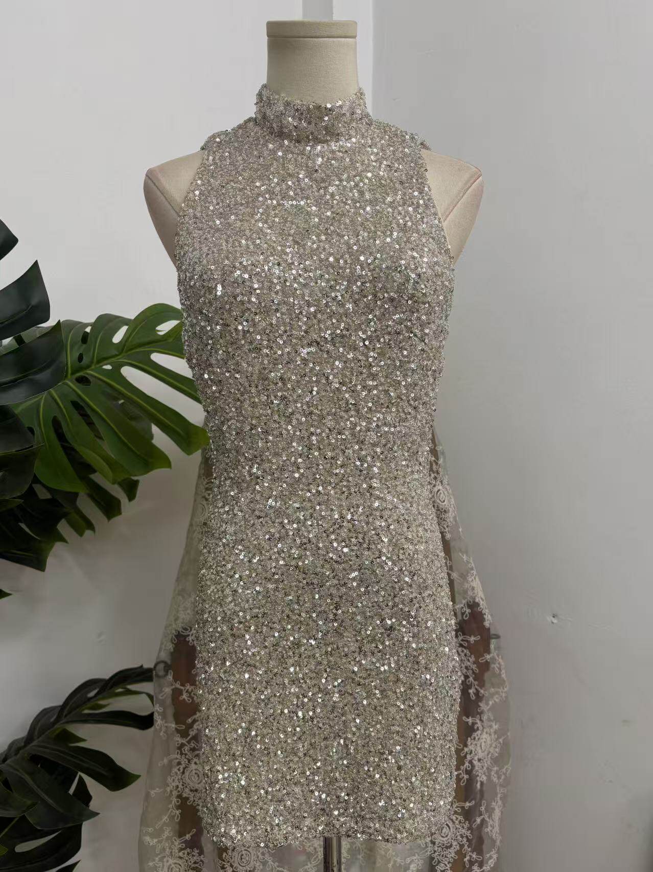 Silver Halter Cowl Back Sequin Bodycon Mini Dress