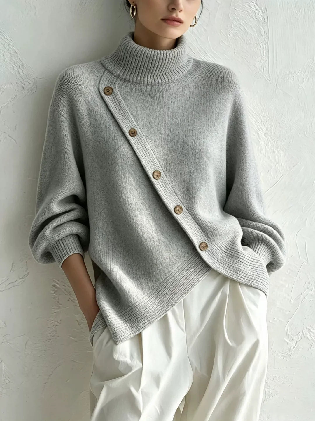New High-neck Button-detail Sweater