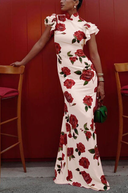 ruffle sleeve floral print bodycon maxi dress