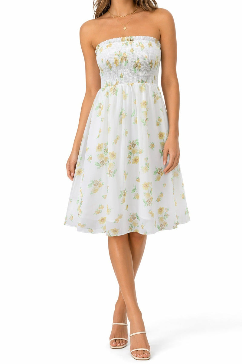Beach-print strapless midi dress in yellow