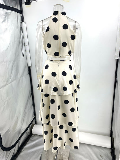 polka dot print halterneck sleeveless top skirt set