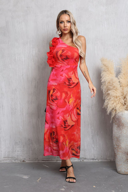 red sleeveless slanted shoulder floral printed dress