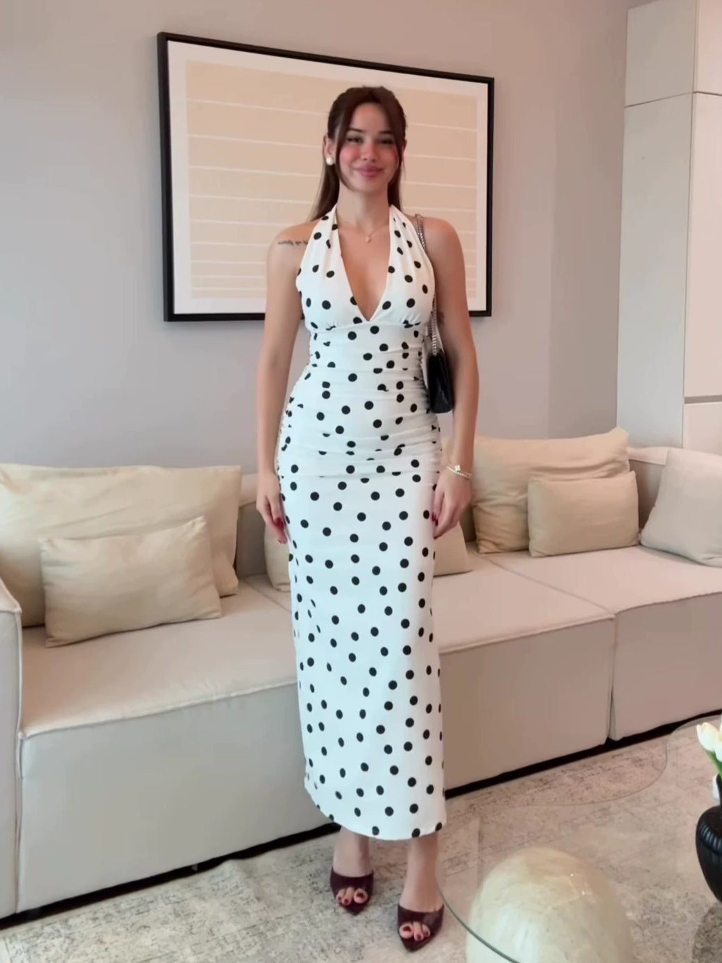 white Polka Dot Halter-Neck Sleeveless Waist-Cinching  Dress
