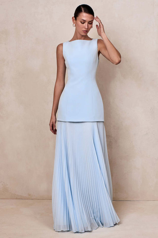 blue pleated sleeveless swing dress