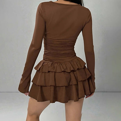 brown long-sleeved mini dress
