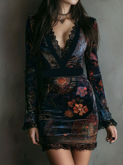 V-neck lace-trimmed printed long-sleeved bodycon mini dress