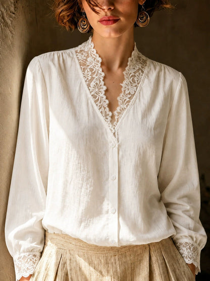 French-style V-neck Lace-panel Blouse