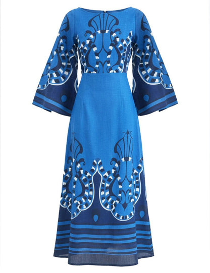 Printed Flare Sleeve midi dress - blue