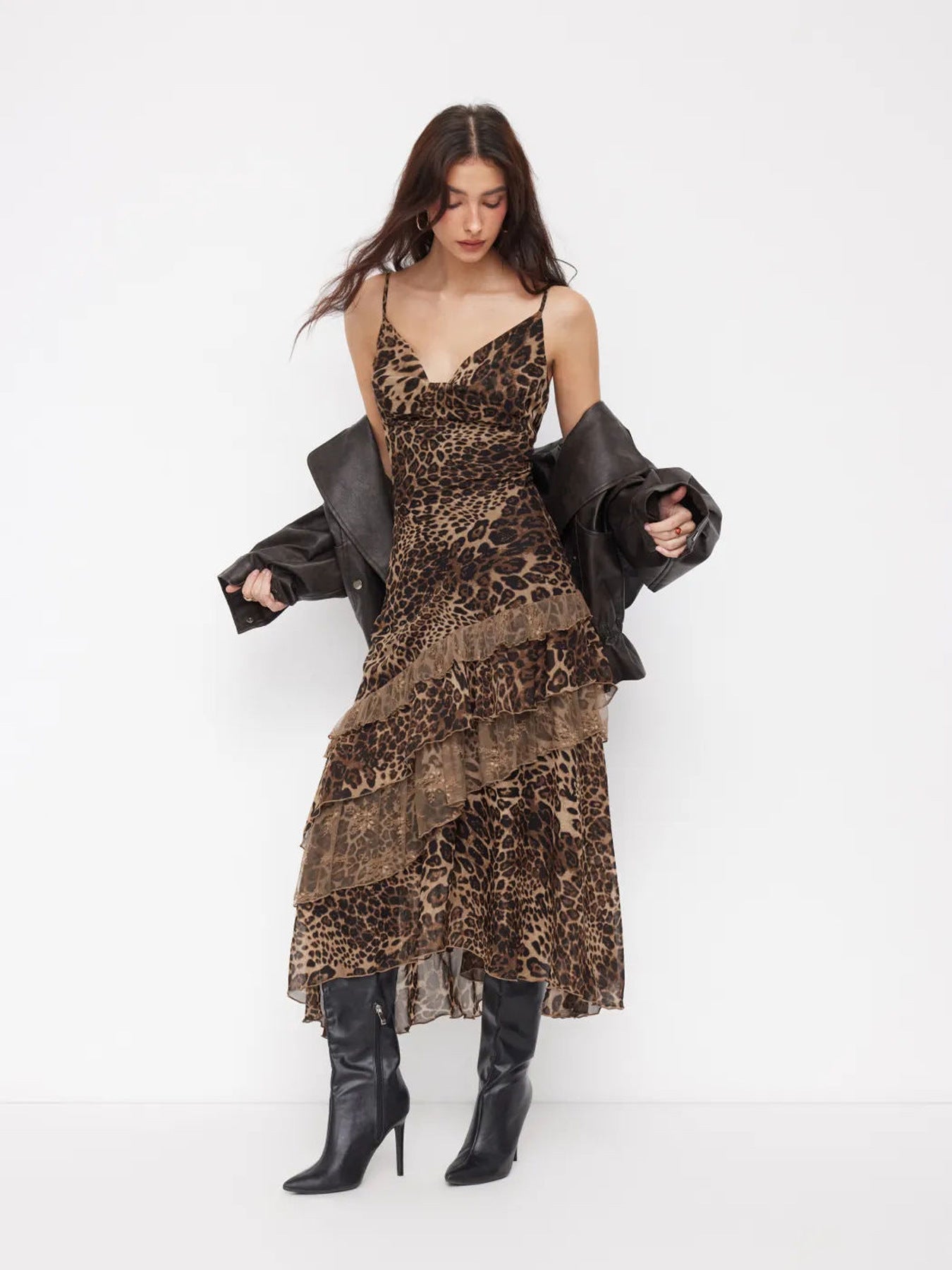 Leopard-print sheer camisole backless maxi dress with ruffles