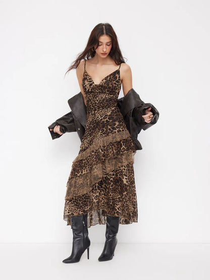 Leopard-print sheer camisole backless maxi dress with ruffles