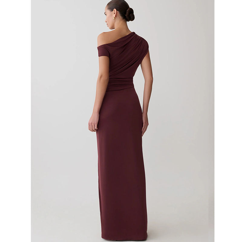 Pleated High Slit Slanted Shoulder Dress