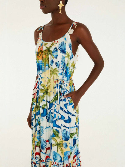 printed lace-up halter backless maxi dress