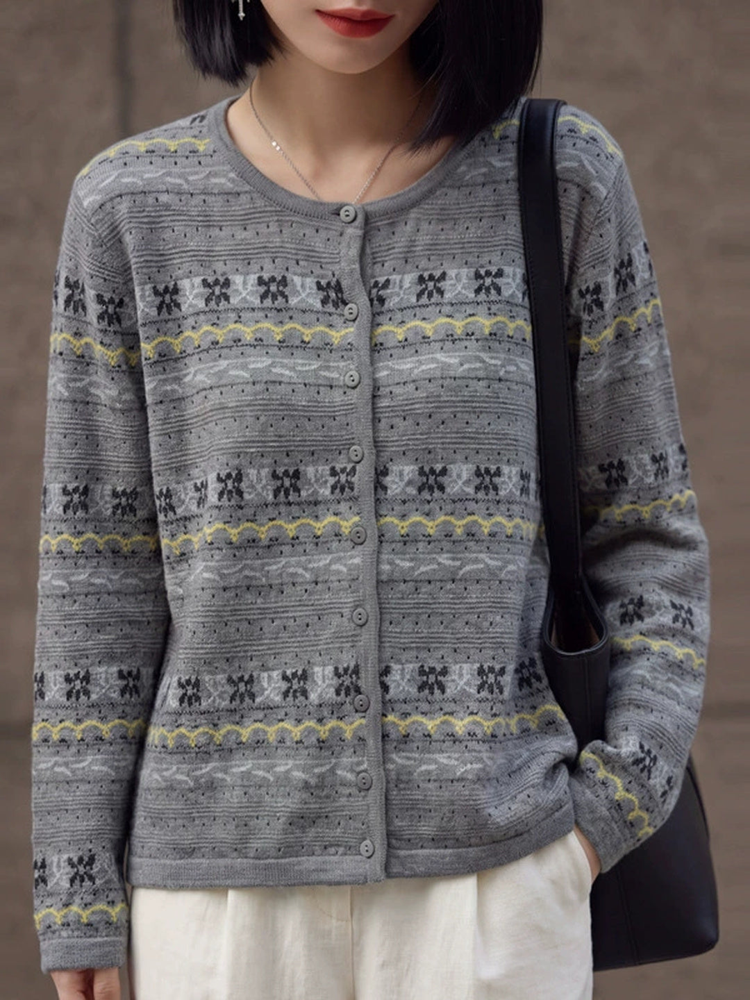 New Crew-neck Jacquard Cut-out Cardigan