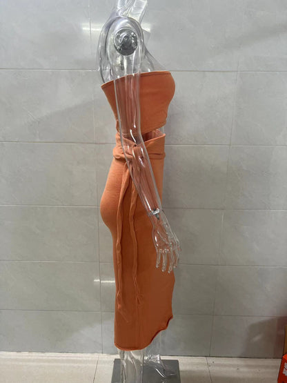 orange cut-out backless bandeau lace-up knitted dress