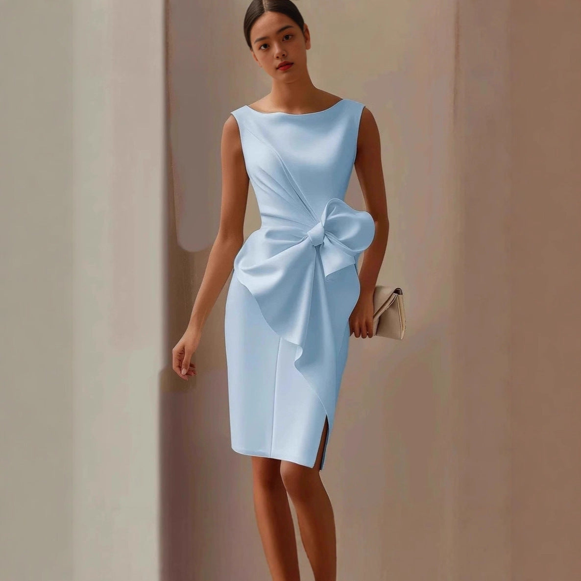 Sleeveless bodycon mini dress with bow