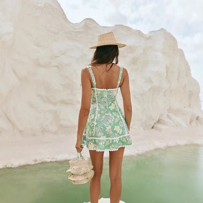 green linen sleeveless camisole lace dress
