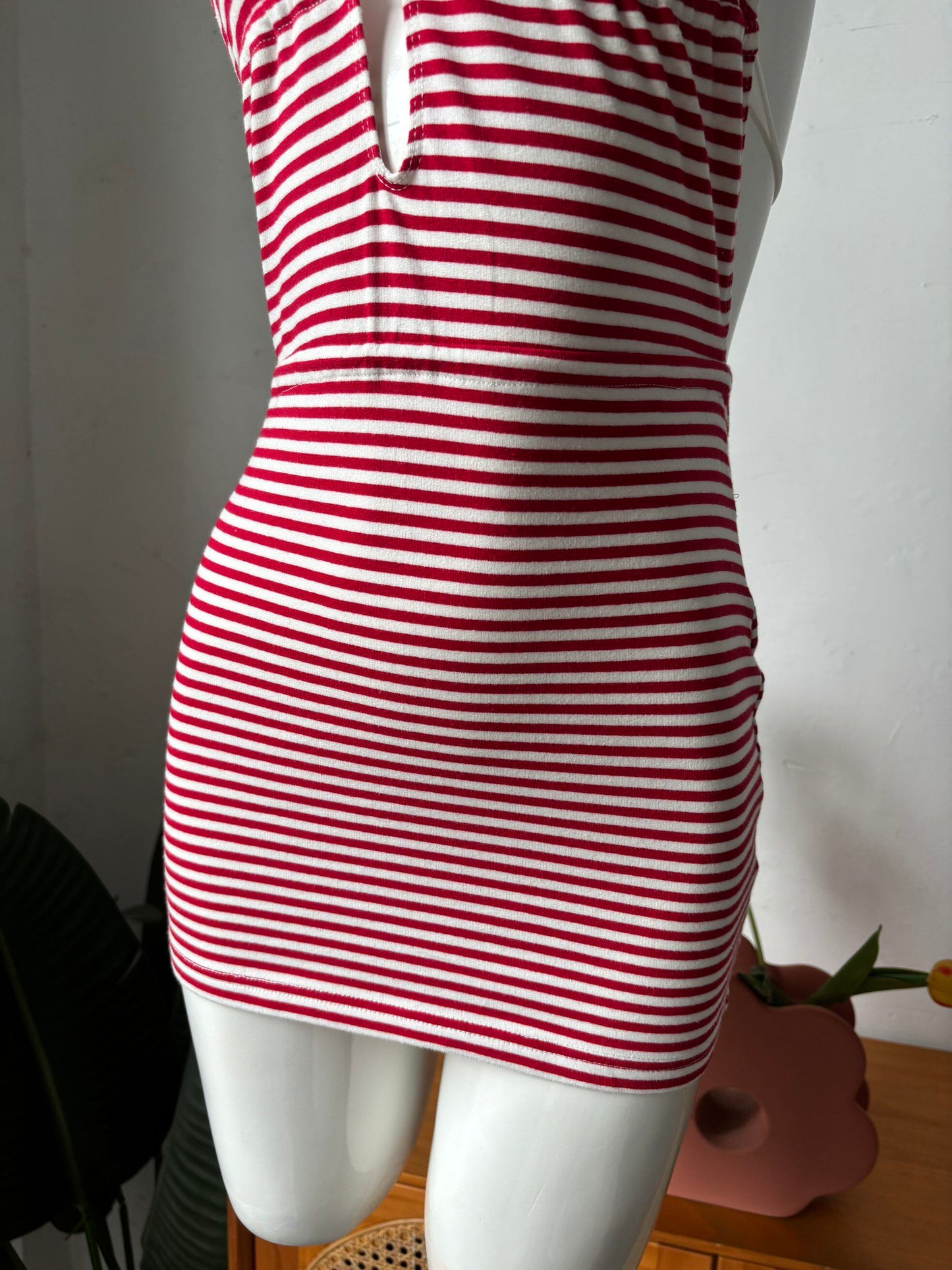 red and white striped halterneck suspender dress