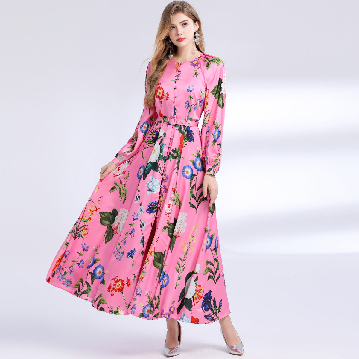 Retro Print Long-Sleeved Single-Breasted Lantern Sleeve maxi Dress