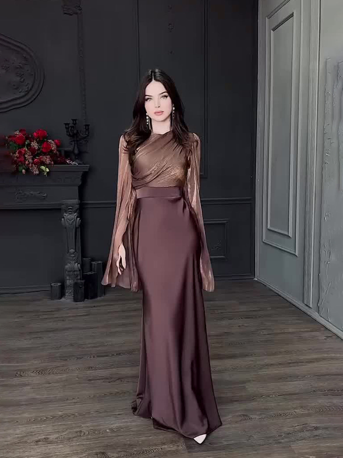 spliced large swing sleeves satin dress