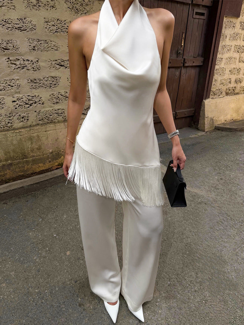 white Asymmetrical tassel halter neck tank top two-piece set