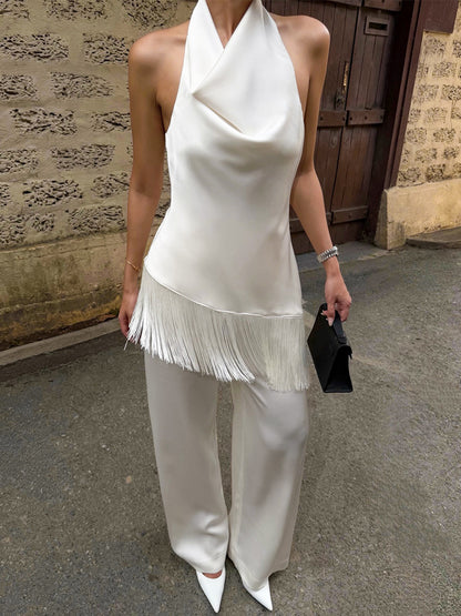 white Asymmetrical tassel halter neck tank top two-piece set
