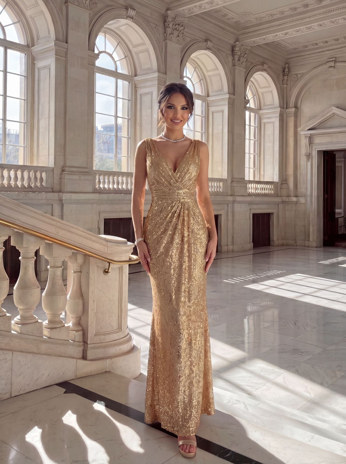gold sequin deep V sexy backless maxi dress
