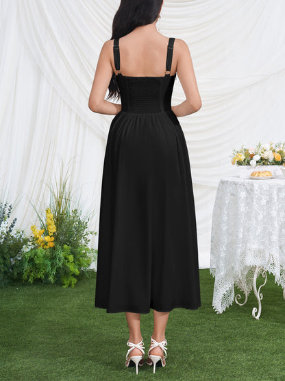 black print high slit open back midi dress