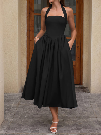 black halterneck strap backless midi dress
