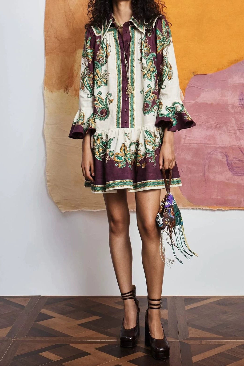 floral print Linen shirt collar mini dress