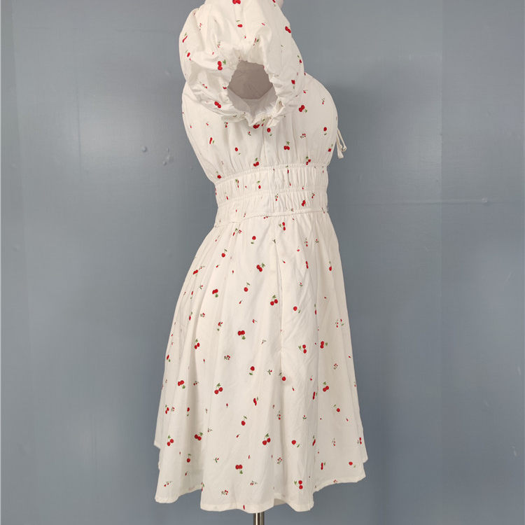 white cherry print short sleeve mini dress