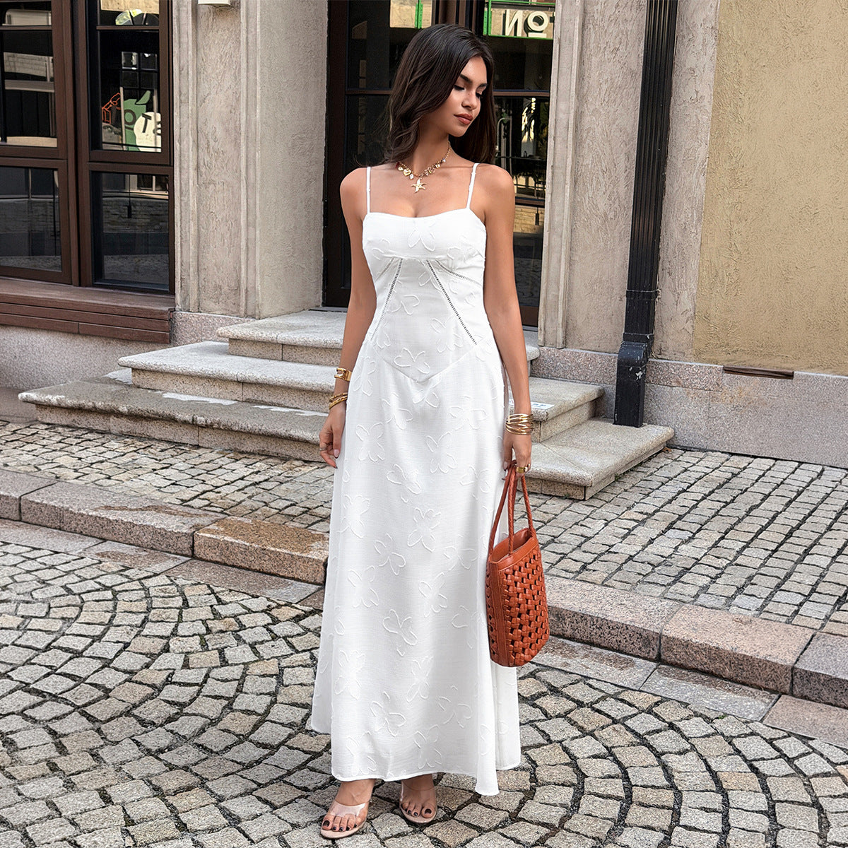 white jacquard suspender waist dress