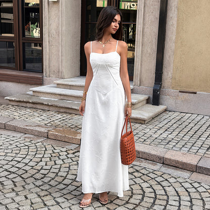 white jacquard suspender waist dress