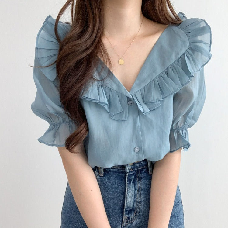 Ruffled puff sleeve chiffon blouse