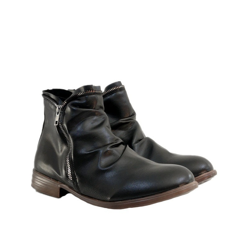 Double side zip pleated leather ankle boots