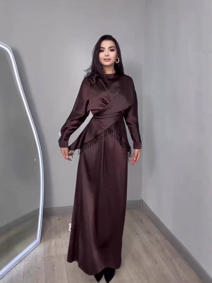 brown long-sleeved maxi dress