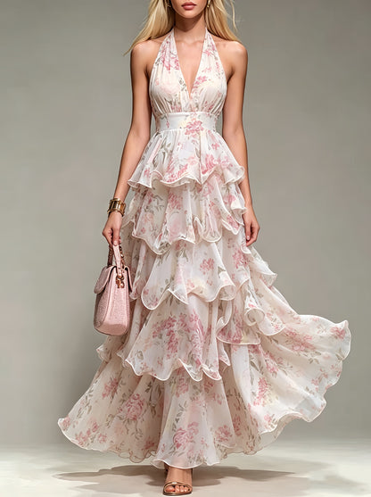 Floral Halter-Neck Chiffon Tiered maxi Dress with Silhouette