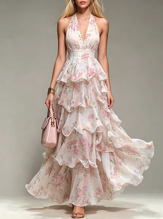 Floral Halter-Neck Chiffon Tiered maxi Dress with Silhouette