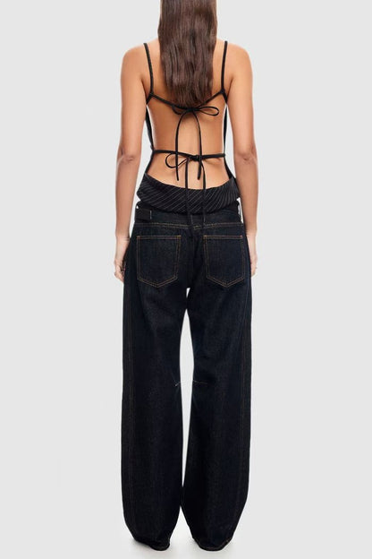 Black Vertical Pattern Backless Suspender Top