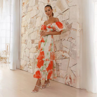 Printed puff-sleeve maxi dress with full flared skirt