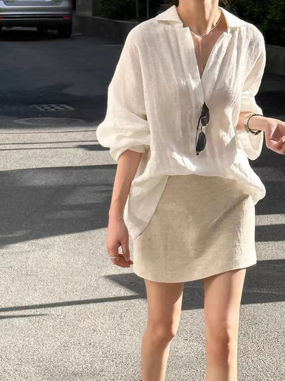 V-neck lightweight linen long-sleeved shirt for summer