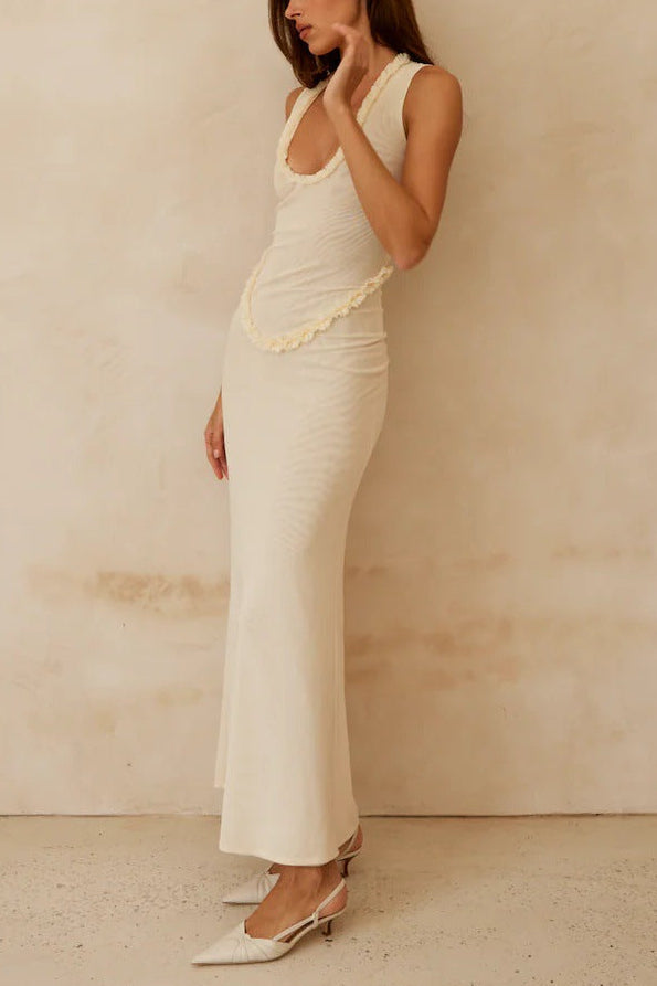 Cream Sleeveless U-Neck Fringe Trim Ruched Midi Mermaid Dress
