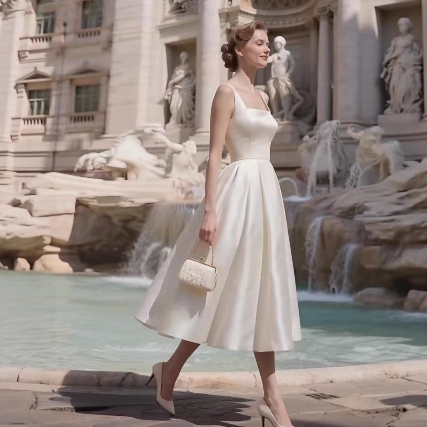 Sharon White Square Neck Satin Midi Wedding Dress