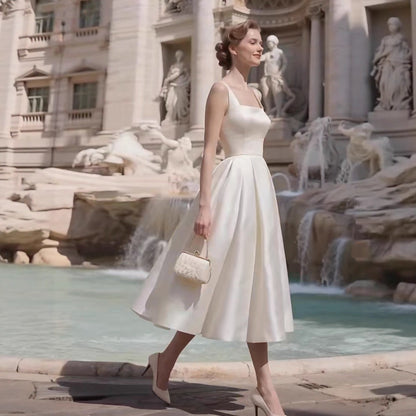 Sharon White Square Neck Satin Midi Wedding Dress