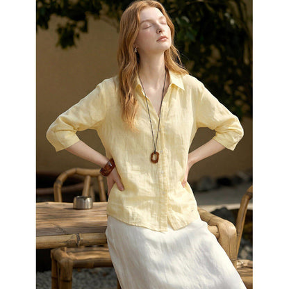 Light Yellow Linen V-Neck Three-quarter Sleeve Shirt