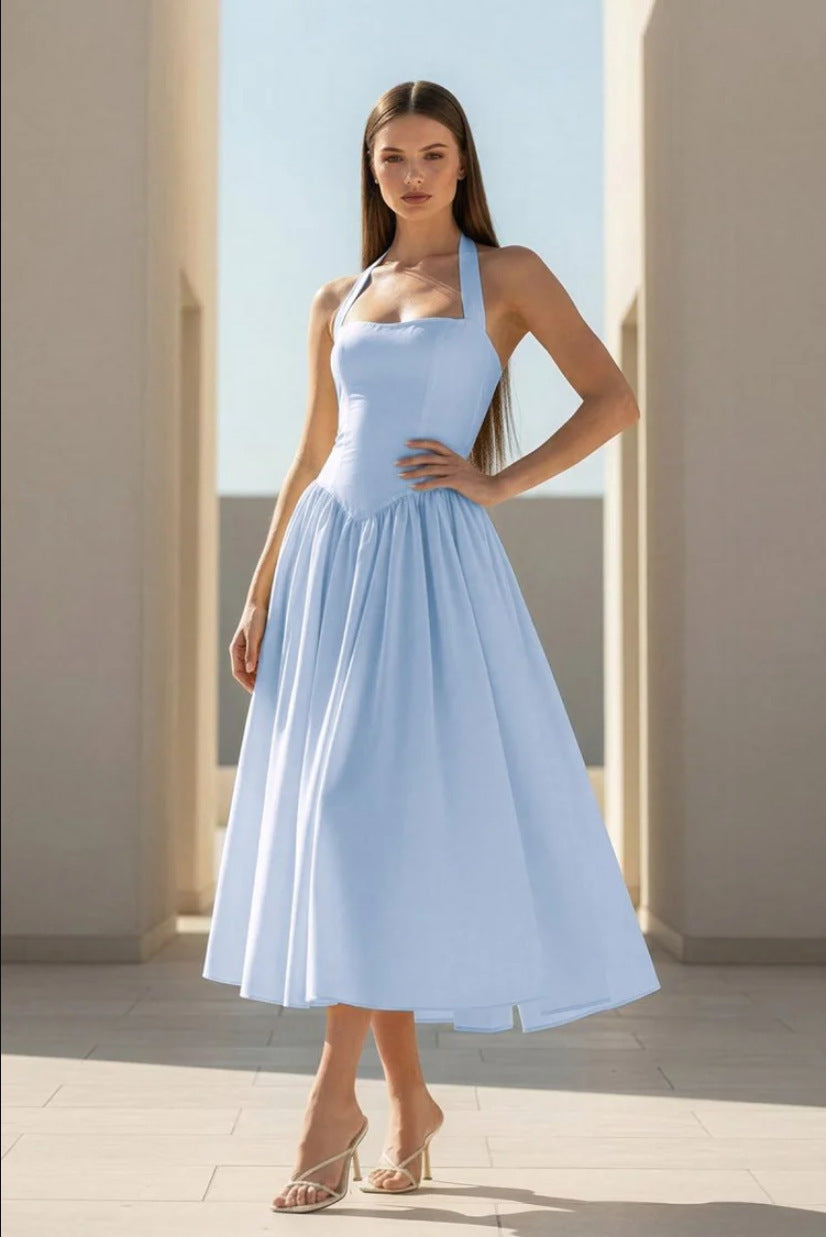 light blue Halter Strappy Backless midi Dress