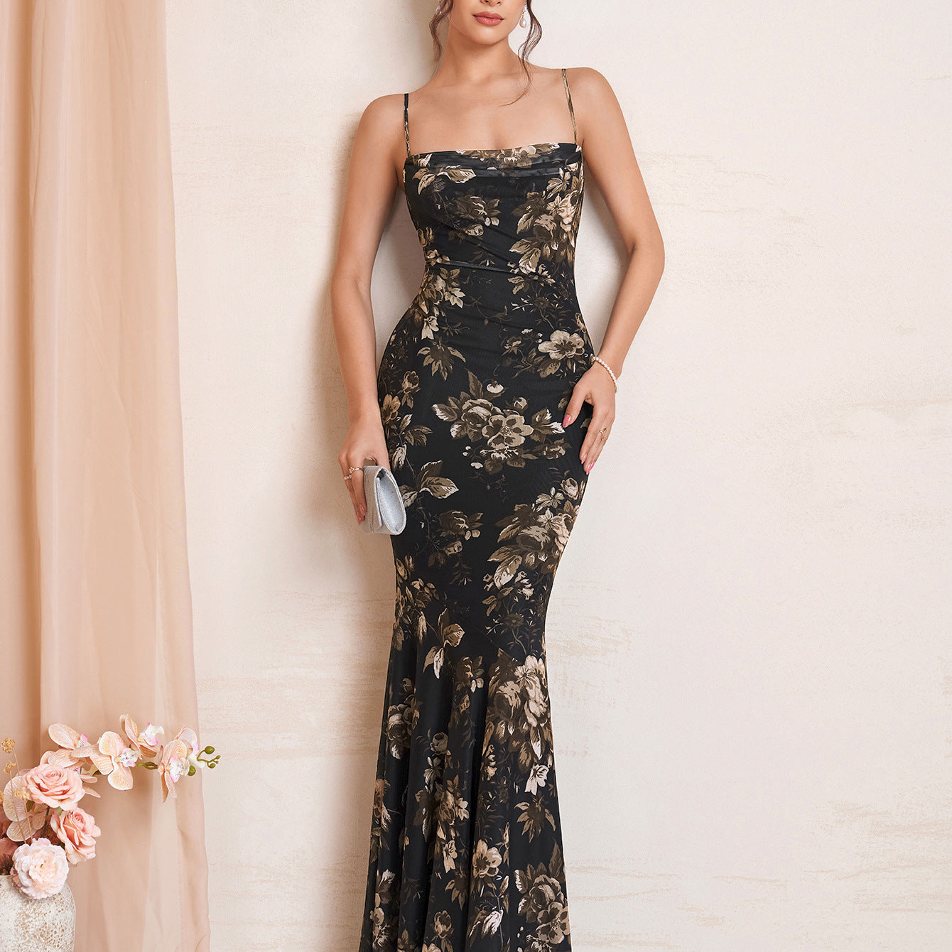 black print Mesh slip open back pleated dress