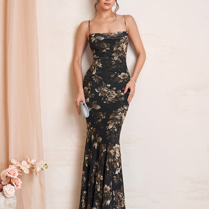 black print Mesh slip open back pleated dress