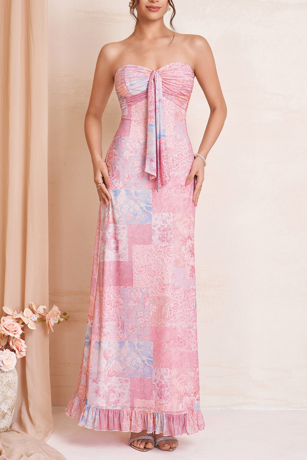 Patchwork Floral Strapless Tie Front Maxi Dress